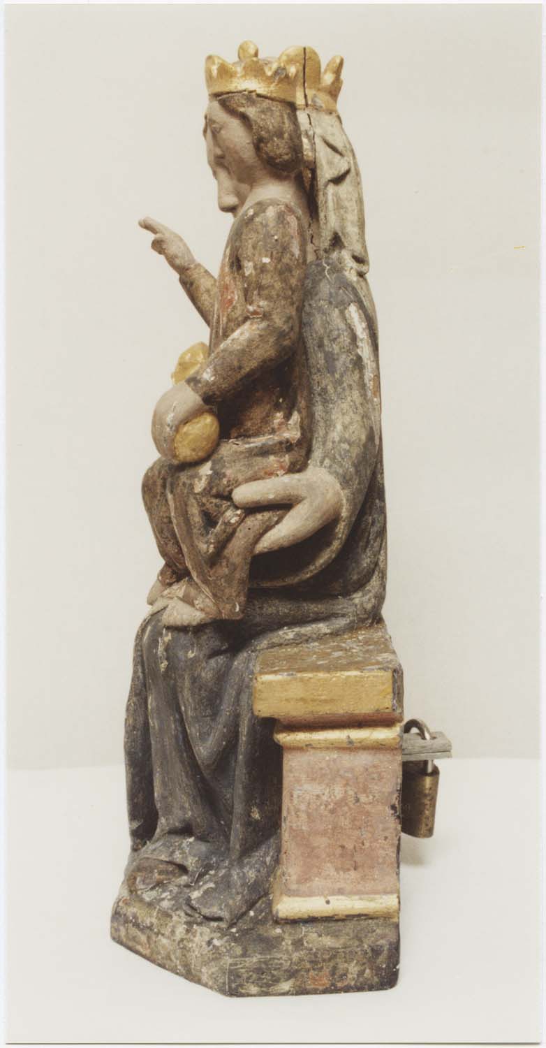 statue (statuette) : Vierge à l'enfant assise, profil gauche, vue générale