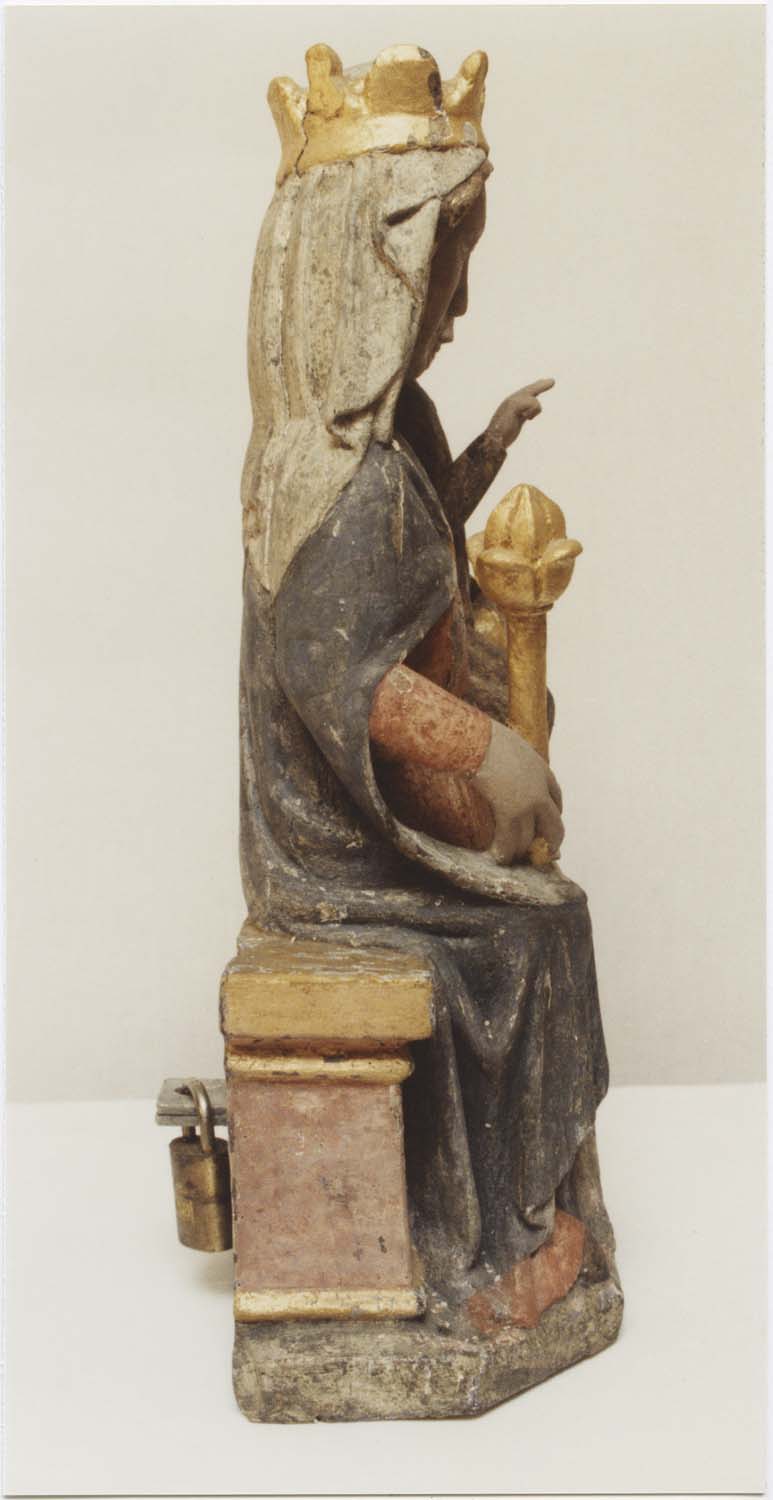 statue (statuette) : Vierge à l'enfant assise, profil droit, vue générale