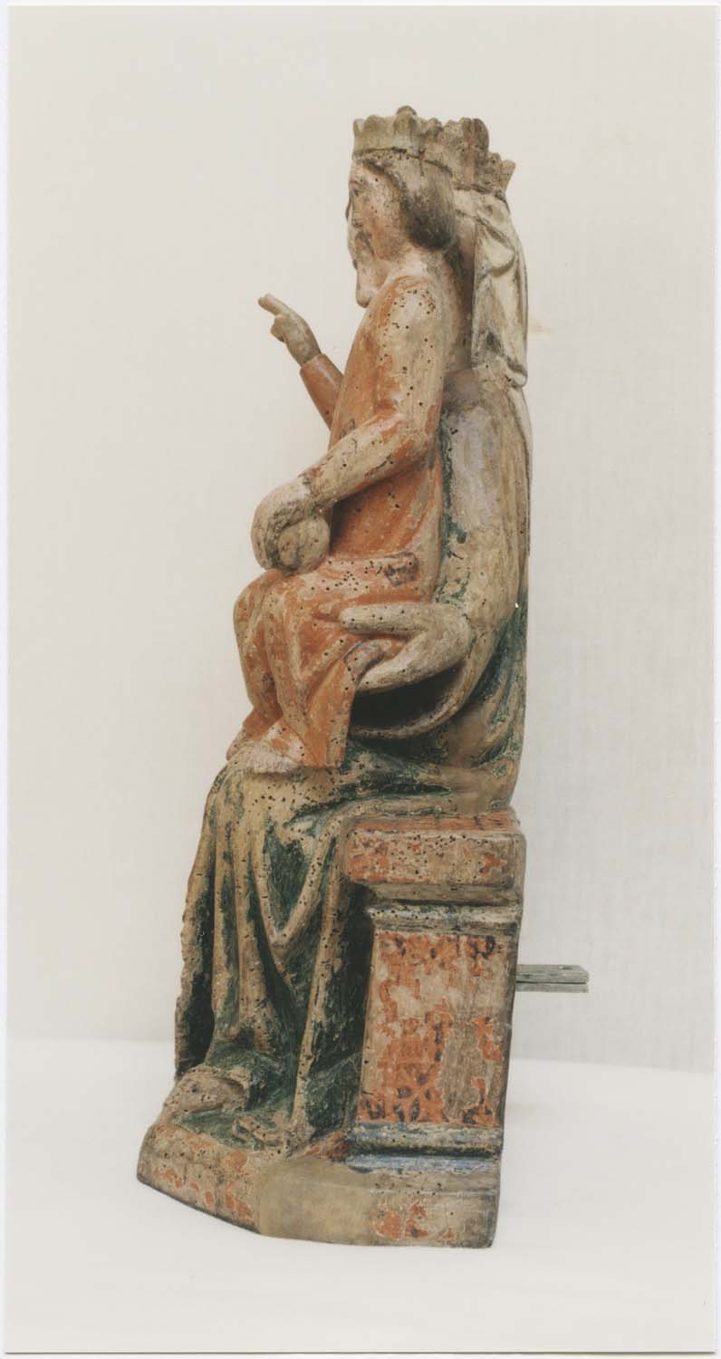 statue (statuette) : Vierge à l'enfant assise, profil gauche, vue générale