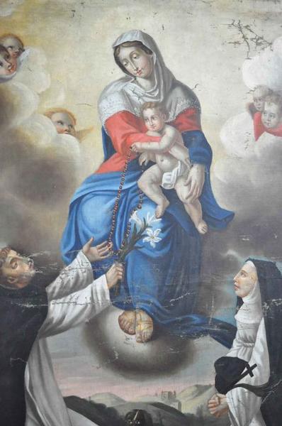 tableau : Remise du Rosaire à saint Dominique et à sainte Catherine de Sienne, vue partielle