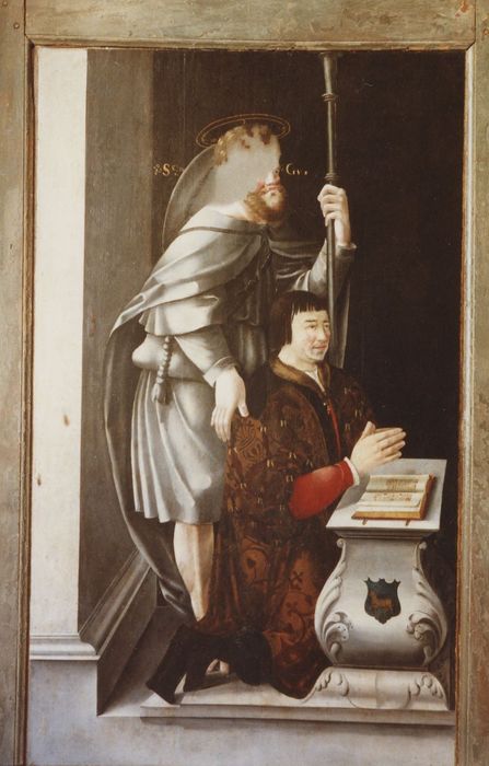 tableau : la Rencontre d'Abraham et de Melchisédech, revers : Saint Guy et un donateur