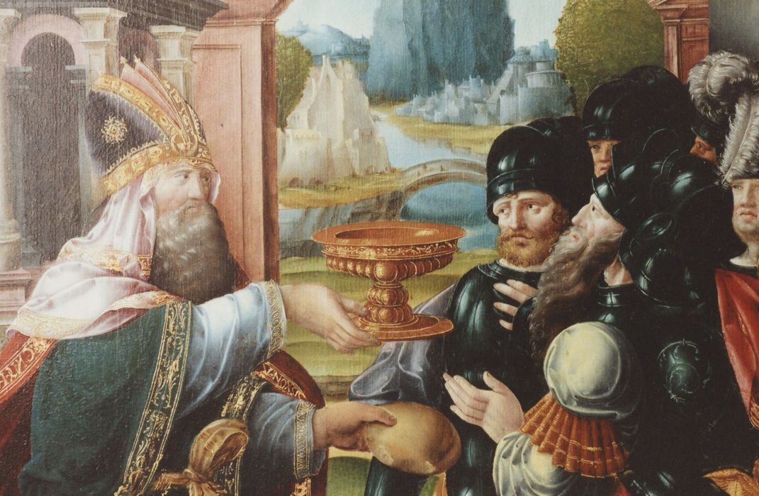 2 tableaux : la Rencontre d'Abraham et de Melchisédech, la Chute de la manne dans le désert