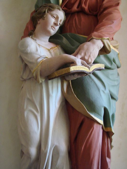 groupe sculpté : Education de la Vierge (l’), vue partielle