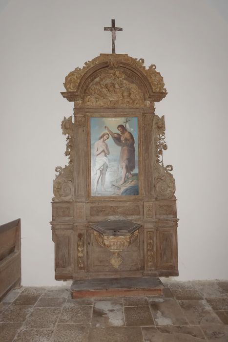 retable des fonts baptismaux, tableau : Baptême du Christ (le) - © Ministère de la Culture (France), Médiathèque du patrimoine et de la photographie (département de la documentation), tous droits réservés 