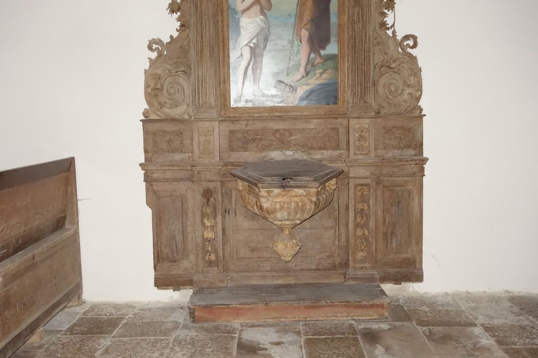 retable des fonts baptismaux, tableau : Baptême du Christ (le), vue partielle - © Ministère de la Culture (France), Médiathèque du patrimoine et de la photographie (département de la documentation), tous droits réservés 