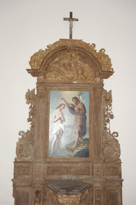 retable des fonts baptismaux, tableau : Baptême du Christ (le), vue partielle - © Ministère de la Culture (France), Médiathèque du patrimoine et de la photographie (département de la documentation), tous droits réservés 