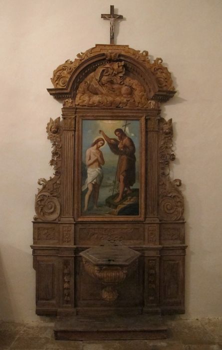 retable des fonts baptismaux, tableau : Baptême du Christ (le) - © Ministère de la Culture (France), Médiathèque du patrimoine et de la photographie (département de la documentation), tous droits réservés 