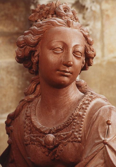 statue : Sainte Cécile jouant de l'orgue, détail