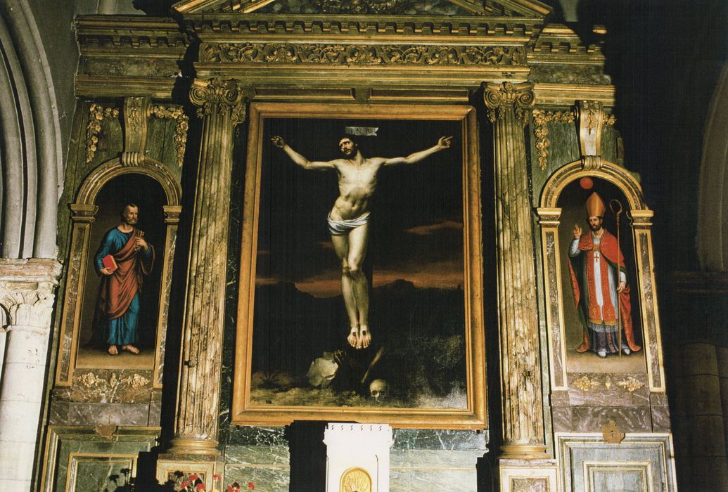 tableaux du retable du maître-autel : Christ en croix, saint Pierre, saint Ambroise (photocopie numérisée)