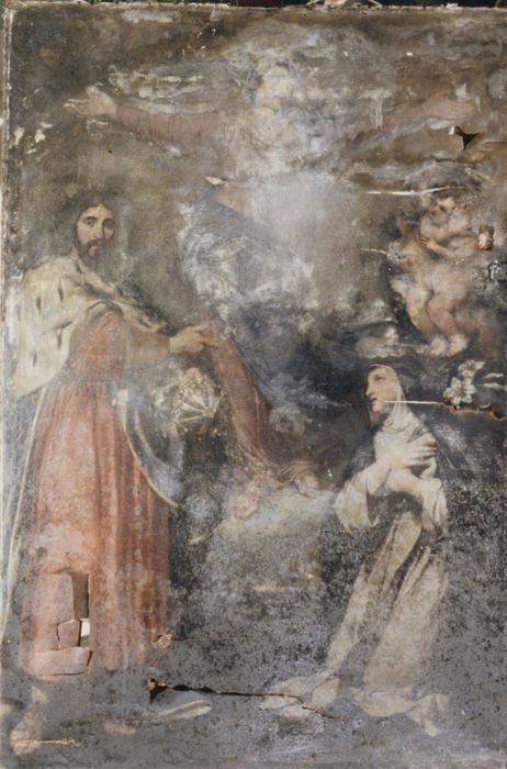 tableau : la Vierge encadrée de saint Louis et sainte Catherine de Sienne 