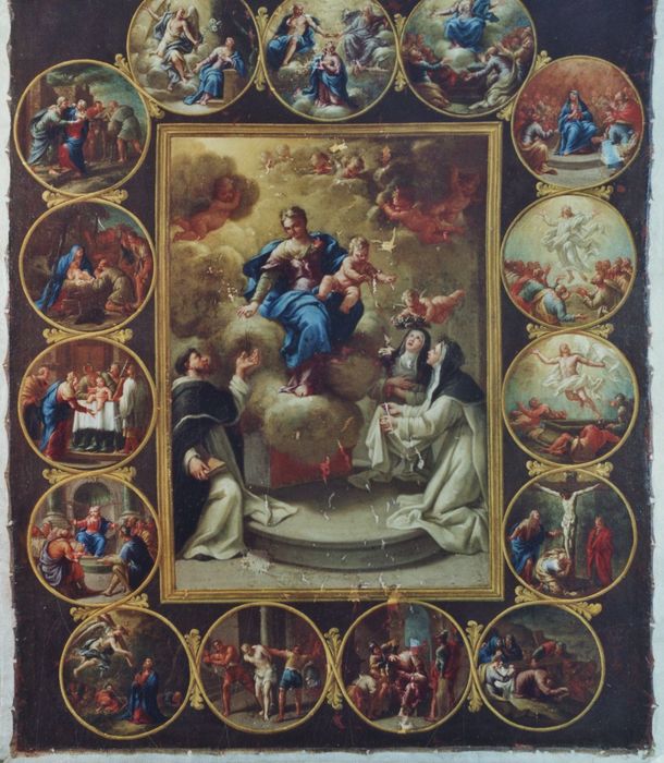 tableau : Donation du rosaire avec les mystères de la vie du Christ, détail