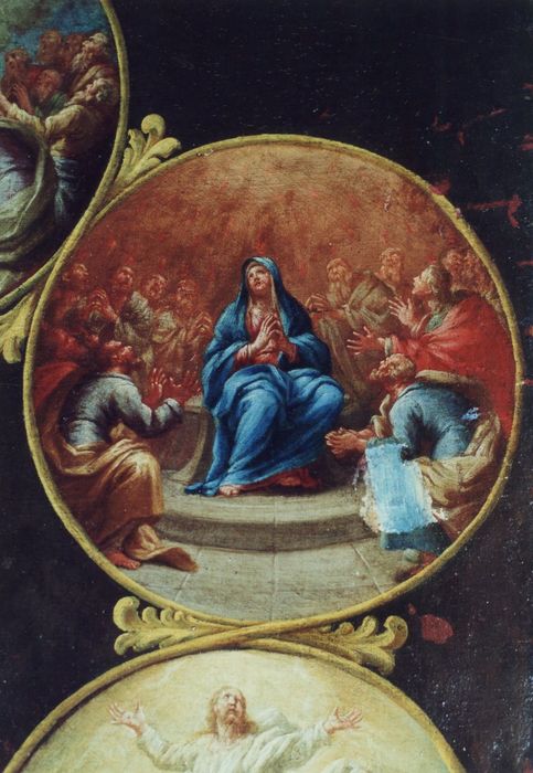 tableau : Donation du rosaire avec les mystères de la vie du Christ, détail
