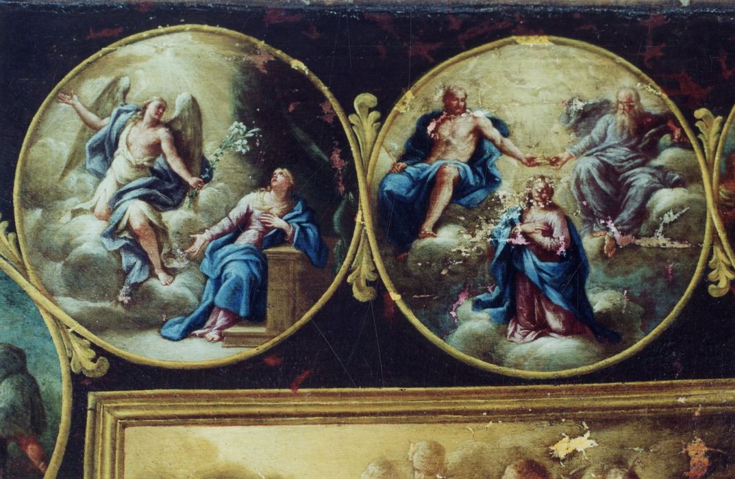 tableau : Donation du rosaire avec les mystères de la vie du Christ, détail