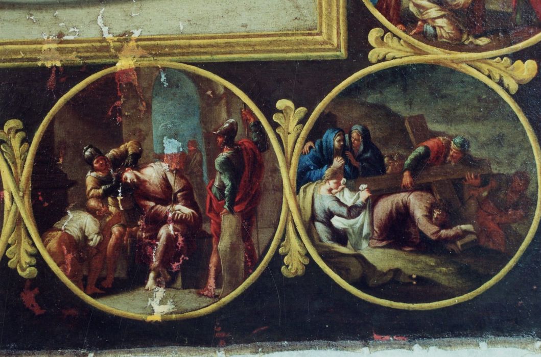 tableau : Donation du rosaire avec les mystères de la vie du Christ, détail