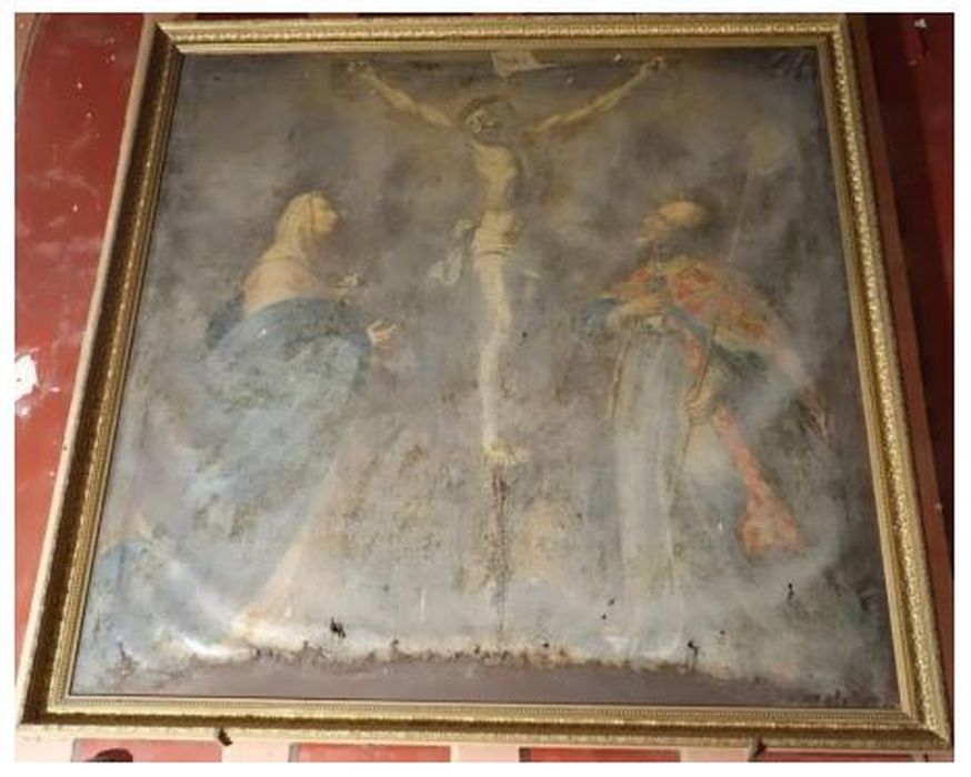 tableau : Crucifixion avec la Vierge et un évêque