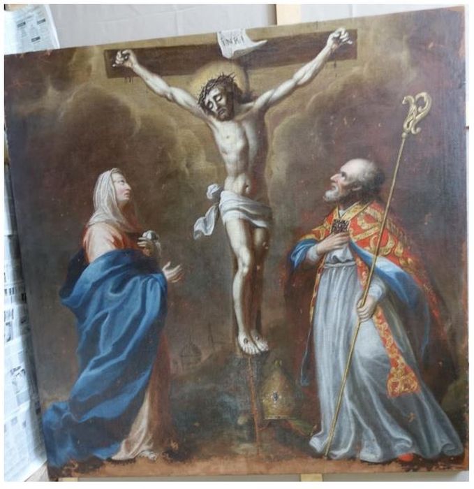 tableau : Crucifixion avec la Vierge et un évêque