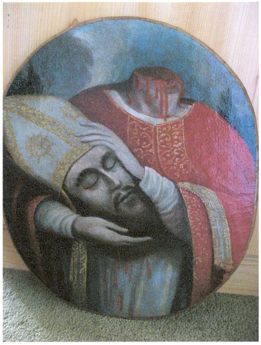 retable dit de sainte Barbe, détail d’un tableau : Saint évêque tenant sa tête (photocopie numérisée)