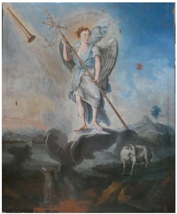 Tableau et son cadre : Ange portant la tête de saint Jean-Baptiste