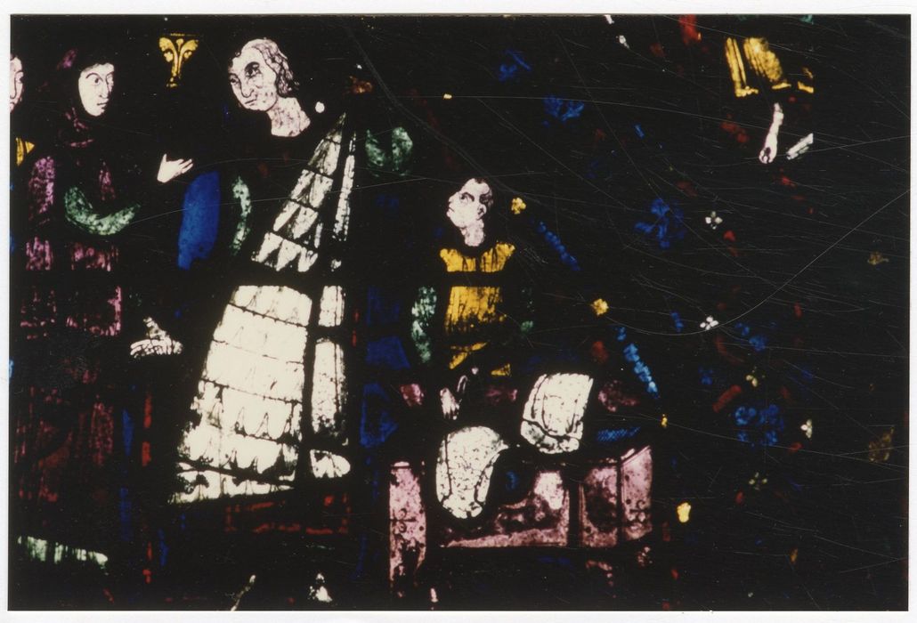 verrière n°5 (saint Jacques le Majeur), détail du panneau 6 (donateur, fourreur présentant ses produits à un client)