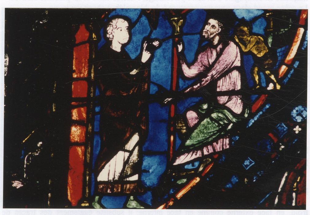 verrière n°5 (saint Jacques le Majeur), détail du panneau 22 (Philétus annonce sa conversation à Hermogène qu’un diable conseille)