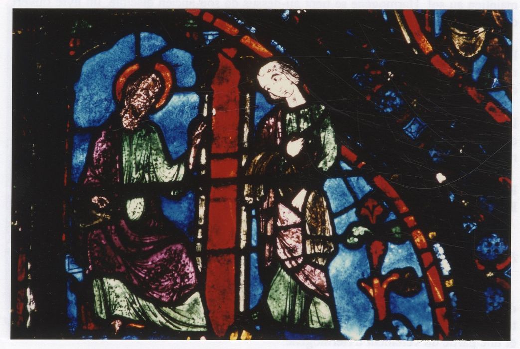 verrière n°5 (saint Jacques le Majeur), détail du panneau 27 (le serviteur d’Hermogène se rend chez saint Jacques)
