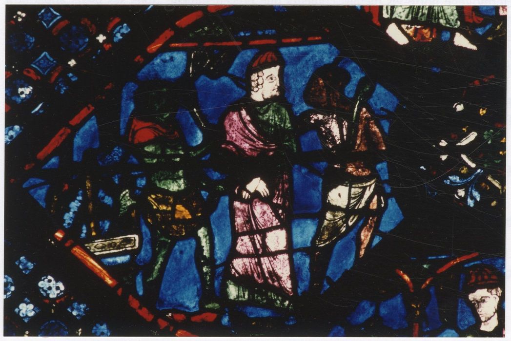 verrière n°5 (saint Jacques le Majeur), détail du panneau 35 (les démons s’emparent d’Hermogène)