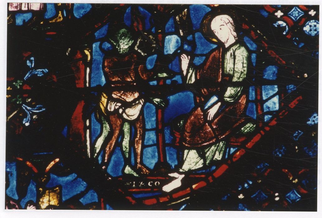 verrière n°5 (saint Jacques le Majeur), détail du panneau 37 (les démons devant saint Jacques)