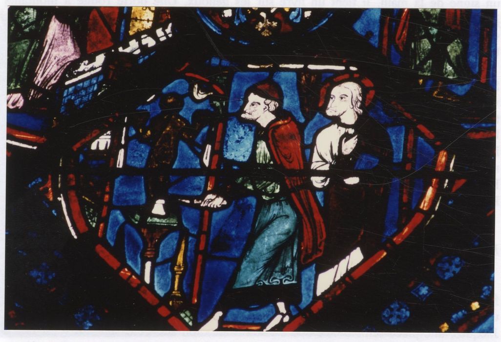 verrière n°5 (saint Jacques le Majeur), détail du panneau 54 (Hermogène détruit une idole en présence de saint Jacques)