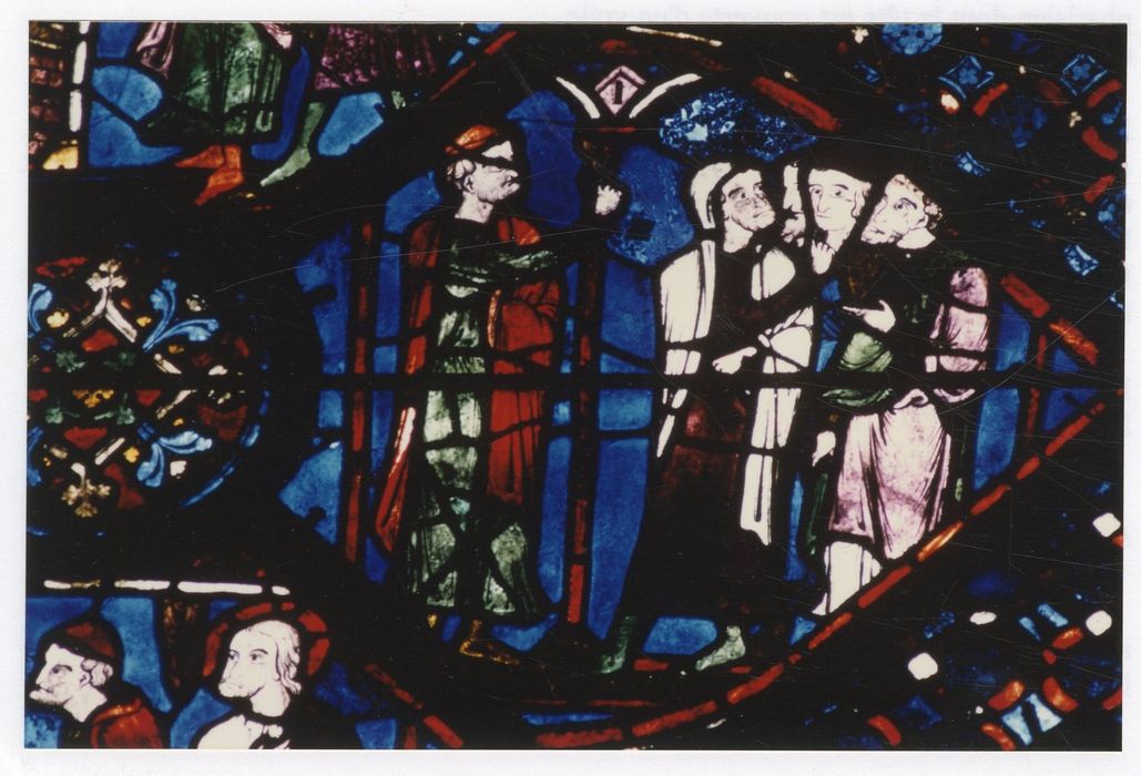 verrière n°5 (saint Jacques le Majeur), détail du panneau 58 (Hermogène tente de convertir ses adeptes)