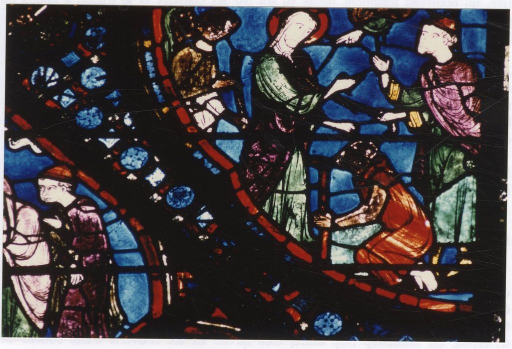 verrière n°5 (saint Jacques le Majeur), détail du panneau 67 (saint Jacques est remercié par le paralytique)