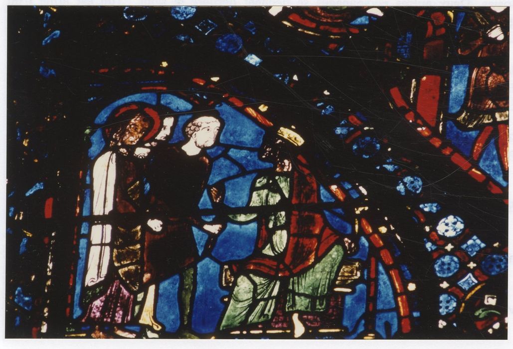 verrière n°5 (saint Jacques le Majeur), détail du panneau 69 (saint Jacques accompagné de Josias et d’Abiathar comparait devant Hérode)