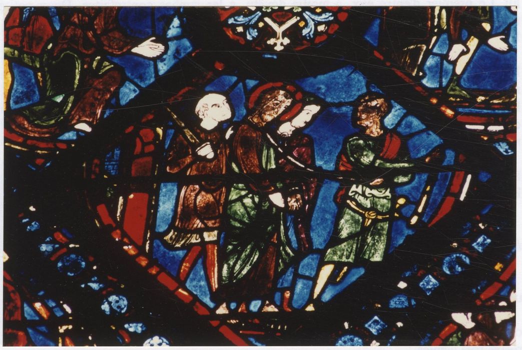 verrière n°5 (saint Jacques le Majeur), détail du panneau 75 (saint Jacques et Josias sont menés au supplice)