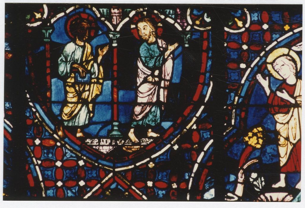 verrière n°0 (verrière des apôtres), détail du panneau 11 (le Christ suivi d’un apôtre)