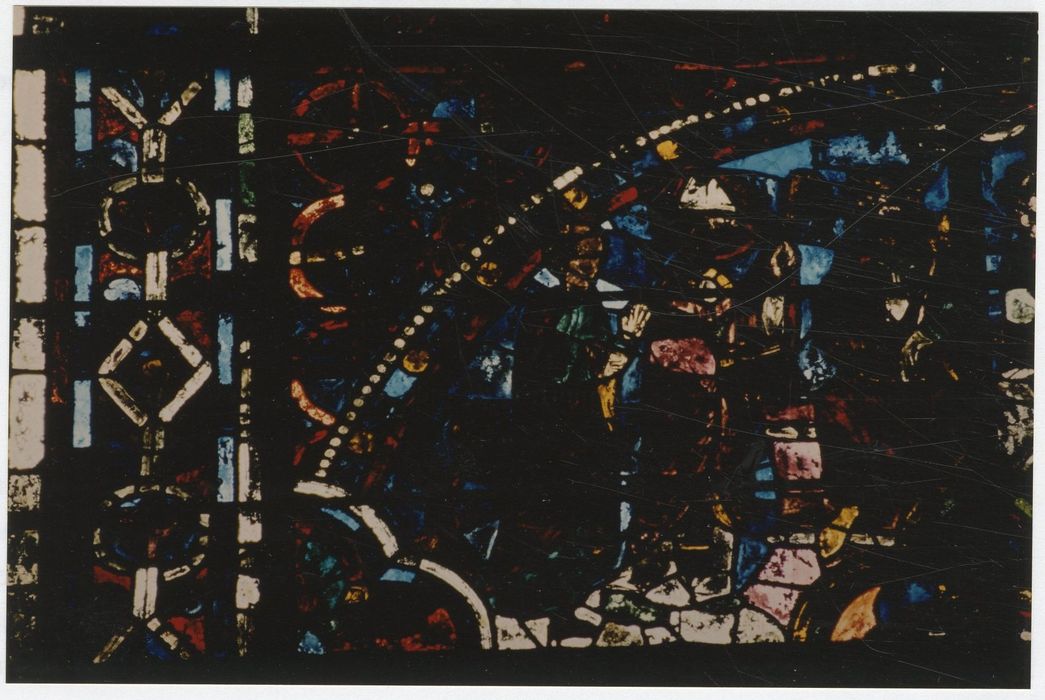 verrière n°18 (verrière de la vie de saint Thomas Becket), détail du panneau 6 (entrevue de Thomas Becket avec le roi Louis VII)