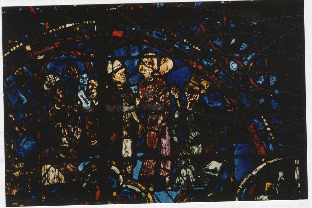 verrière n°18 (verrière de la vie de saint Thomas Becket), détail du panneau 31 (Henri II refuse de voir Thomas Becket)