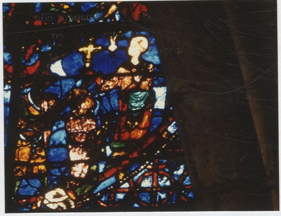 verrière n°18 (verrière de la vie de saint Thomas Becket), détail du panneau 40 (meurtre de Thomas Becket)