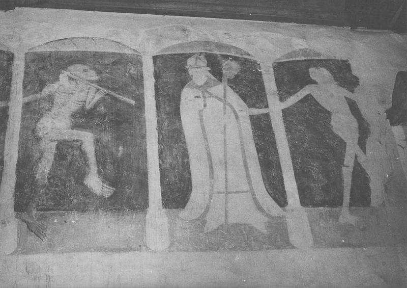 peintures monumentales (5) : danse macabre, prophètes (les), combat des vertus et des vices (le), dit des trois morts et des trois vifs (le), anges, donateurs, détail