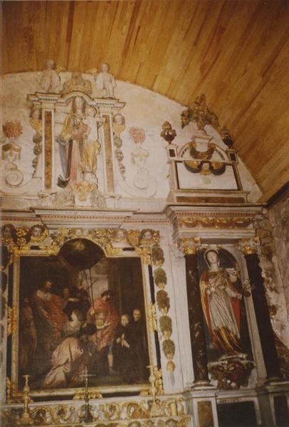 autel, retable, tableau, 3 statues (maître-autel) : scène de la vie de sainte Eugénie, Vierge à l'enfant, sainte Eugénie, sainte Marthe, vue partielle