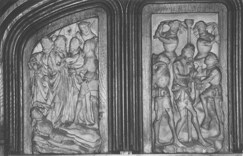 bas-relief : baiser de Judas (le), flagellation (la), vue générale