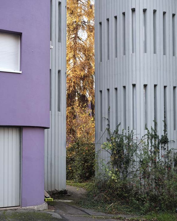 Détails de façades depuis le sol, ouverture ménagée vers la nature environnante