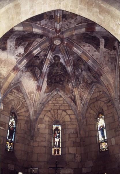 peinture monumentale de la voûte du choeur : Christ en majesté entre les prophètes Daniel, Jérémie, Isaïe et Moïse et les symboles des évangélistes : saint Jean et saint Mathieu, vue générale