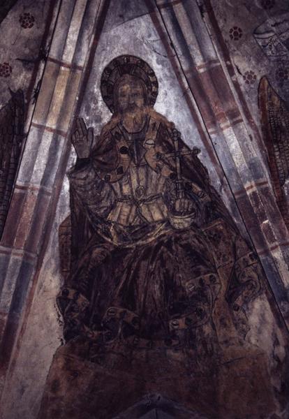 peinture monumentale de la voûte du choeur : Christ en majesté entre les prophètes Daniel, Jérémie, Isaïe et Moïse et les symboles des évangélistes : saint Jean et saint Mathieu, détail