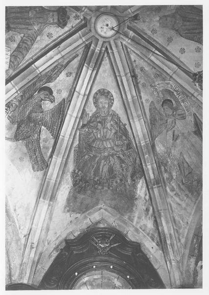 peinture monumentale : Christ en majesté entre les Prophètes Daniel, Jérémie, Isaïe et Moïse et les symboles des évangélistes : saint Jean et saint Matthieu, vue partielle