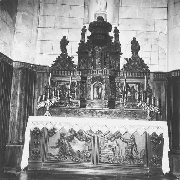 autel, devant d'autel, tabernacle, 5 statues (tabernacle à ailes et dais d'exposition, statuettes), vue générale