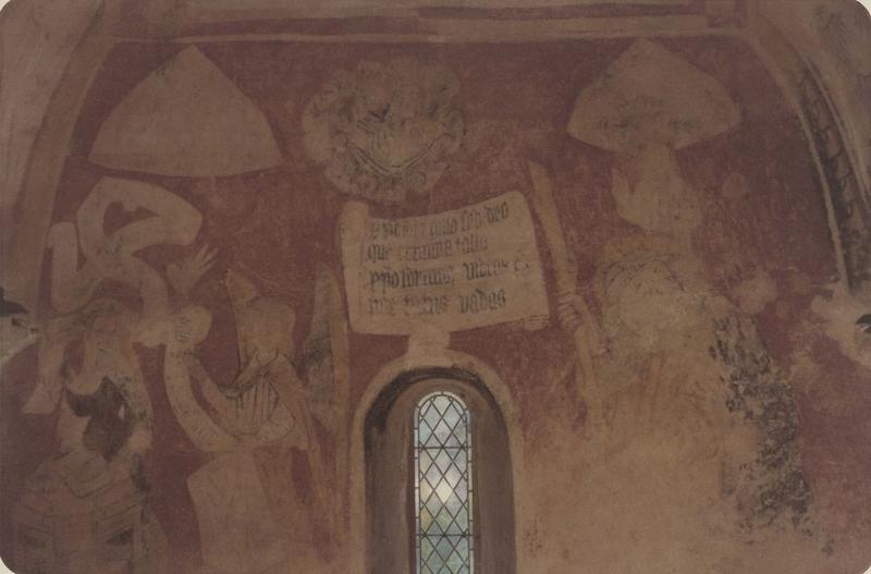 peintures monumentales, mur du chevet, vue partielle : saint Christophe, scène de l'Annonciation