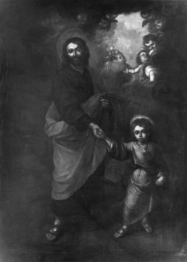 tableau : Saint Joseph et l'Enfant Jésus, huile sur toile, école espagnole, 17e siècle, après restauration