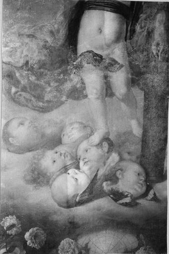 tableau : La Rédemption, détail des pieds de l'Enfant Jésus sur les têtes d'anges, huile sur toile par Pereda, 17e siècle, en cours de restauration