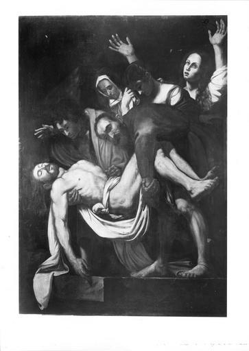 retable du maître-autel, tableau : La Déposition de croix, huile sur toile, d'après Caravage, 17e siècle