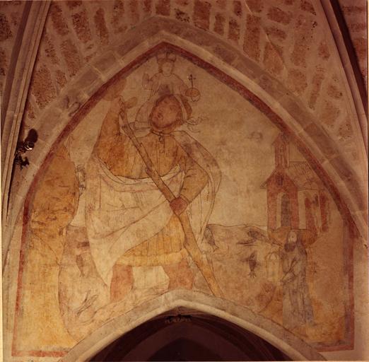 peinture murale : tympan nord, Saint Christophe, 1ère moitié 16e siècle, après restauration