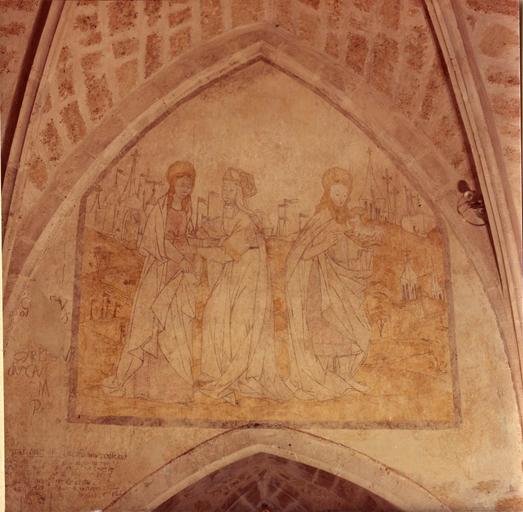 peinture murale : tympan sud, La Visitation et saint Jean-Baptiste, 1ère moitié 16e siècle, après restauration